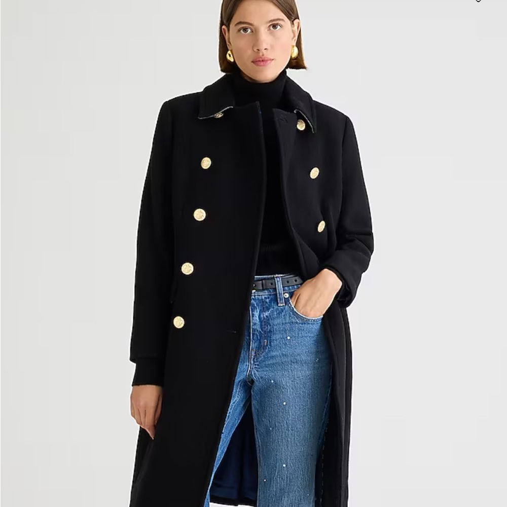 J Crew Warwick Coat NWT- Chic Black Double-Breasted Coat with Gold Buttons